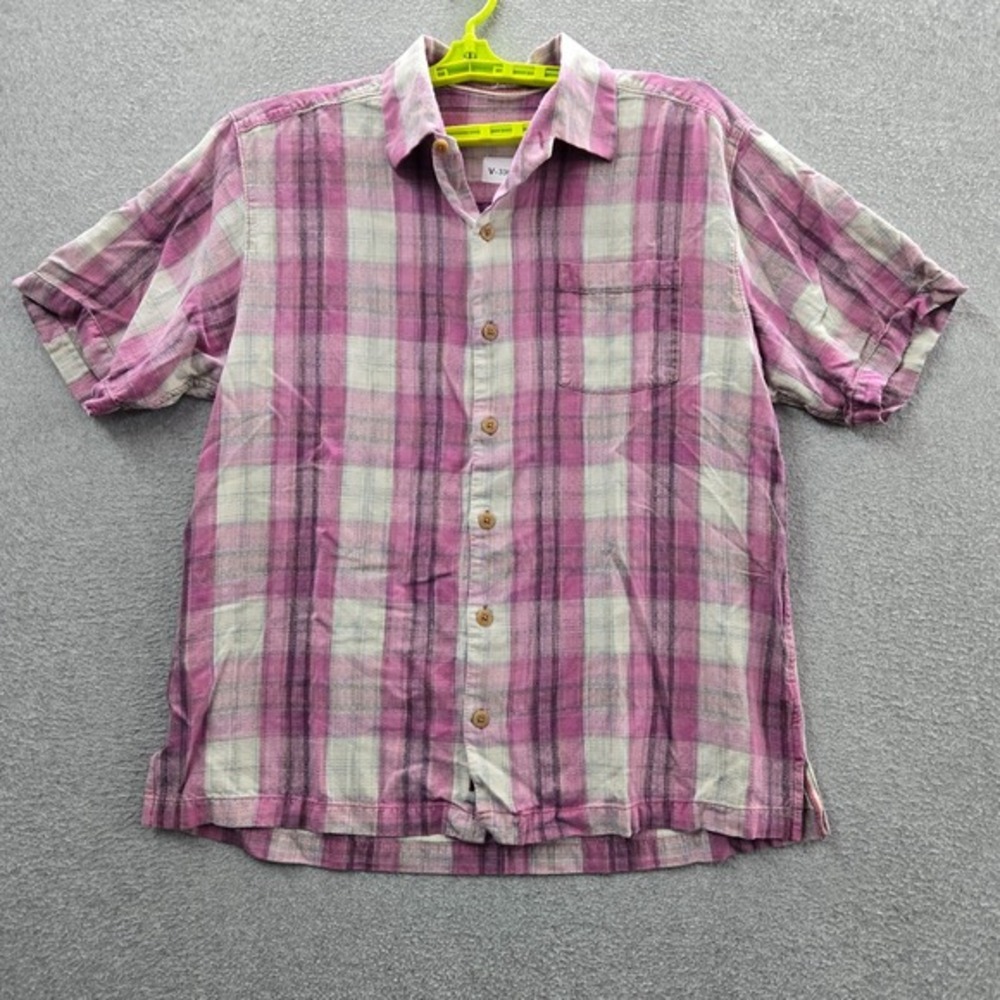 Tommy Bahama Men Button Up Shirt Large Pink Plaid Silk Short Sleeve Collar